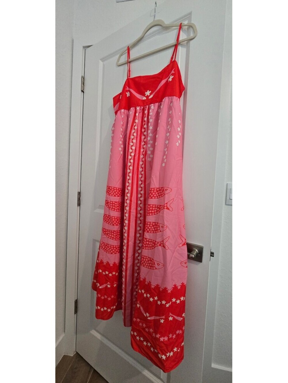 Women’s Pink and Red Spaghetti Strap Maxi Dress with Fish Print XXL